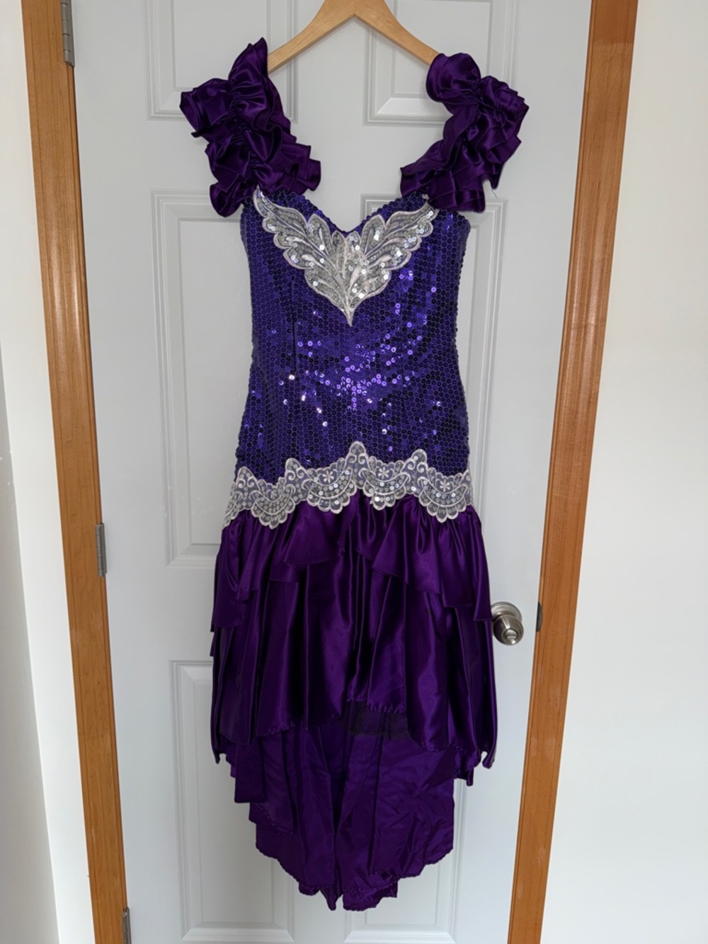 Vintage Prom Purple Sequin Ruffled Dress with Silver Appliqué